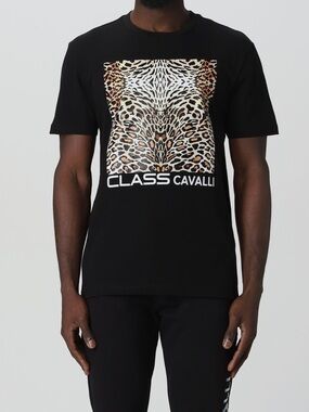 Cavalli Class Black Tee with Leopard Graphic Panel, L